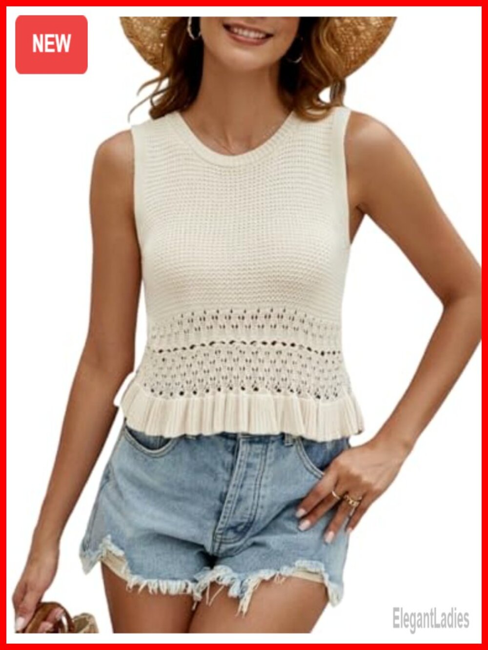 Womens Cute Crop Sweater Vest Knit Sleeveless Pullover Ruffle Hem Tank